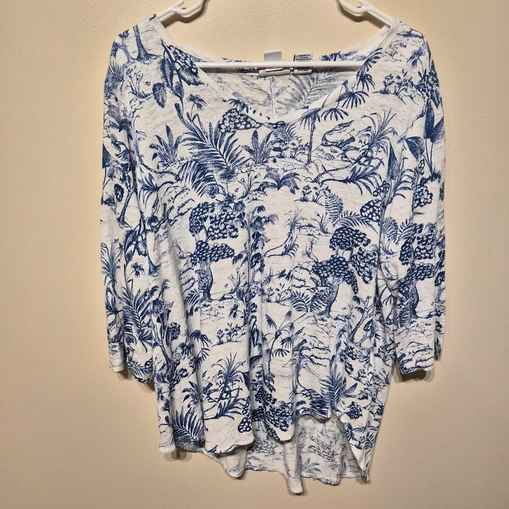 Nicole Miller New York 100% Linen 1X Blue and White Tropical Toile Blouse